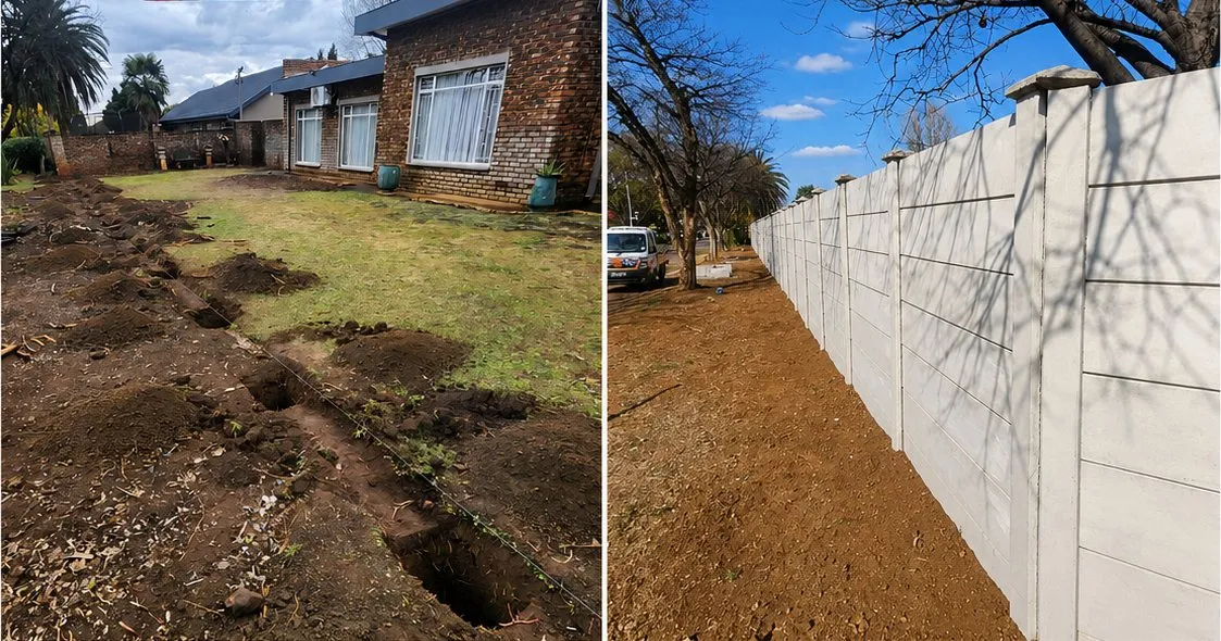 Before: a dug-up trench along a garden boundary. After: a long, finished precast wall.
