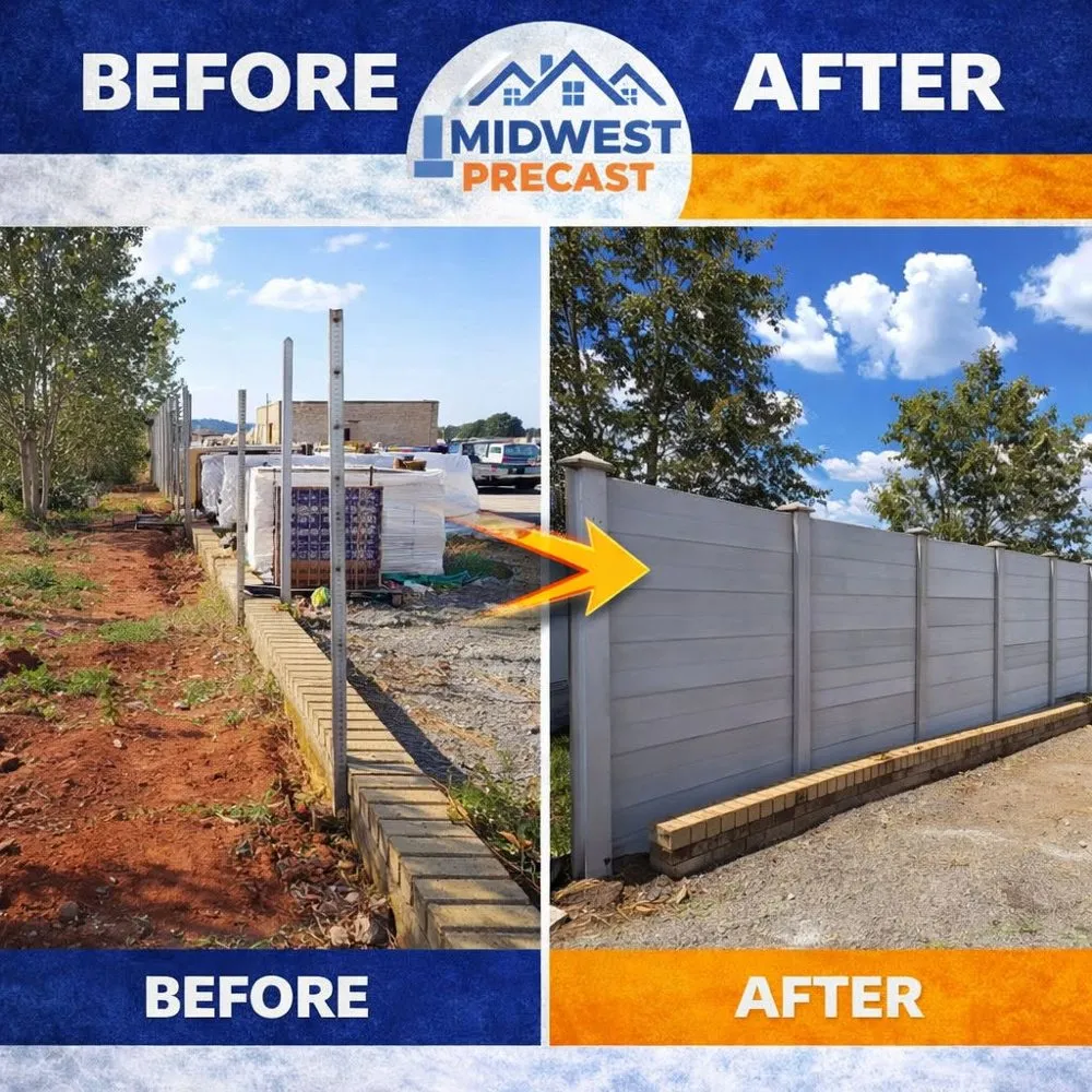 Before: open boundary with bare posts. After: completed grey precast wall on a brick base.