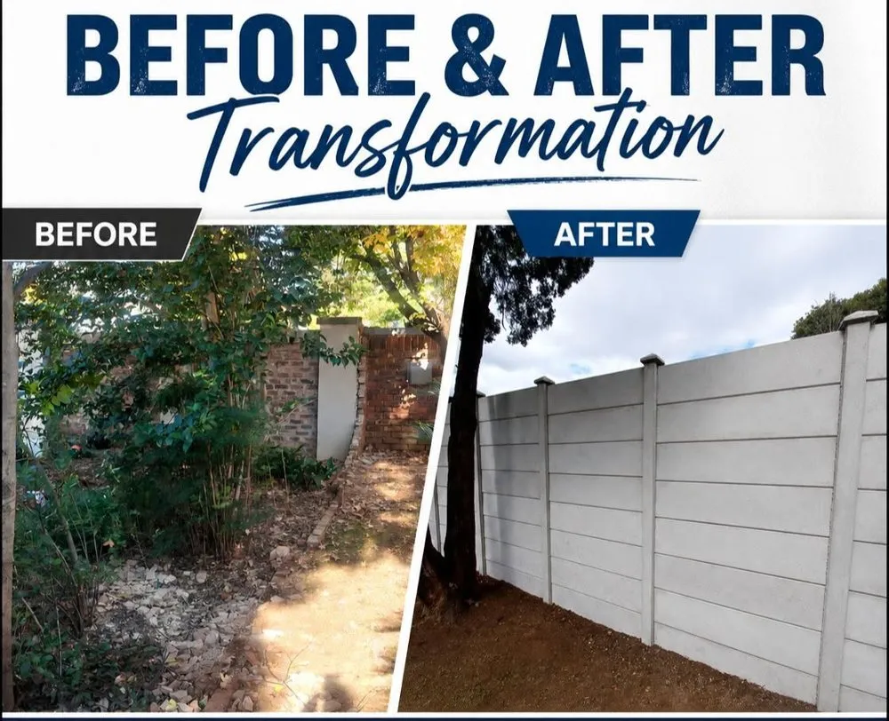 Before: overgrown garden by an old brick wall. After: clean new precast wall.